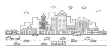 Line City. Outline Town Street With Buildings And Cars. Modern Vector Doodle Cityscape And Transportation. Illustration Of Town And City Street Line
