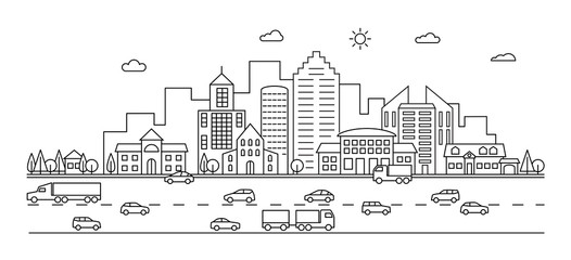 Wall Mural - Line city. Outline town street with buildings and cars. Modern vector doodle cityscape and transportation. Illustration of town and city street line