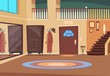 © MicroOne - Retro hallway. Cartoon corridor interior with stairs and entrance door, wooden hanger and shoe room. Indoor house vector background. Interior hallway with entrance illustration