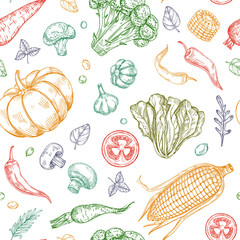 Wall Mural - Sketch vegetables seamless pattern. Vegetable soup organic farm food vector vegetal background. Illustration of organic food pattern vegetable