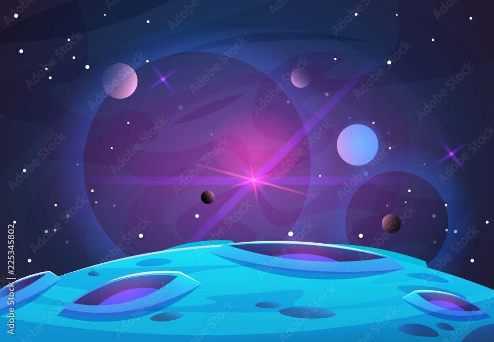 Space and planet background. Planets surface with craters, stars and comets in dark space. Vector illustration. Space sky with planet and satellite - obrazy, fototapety, plakaty 