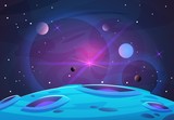 Fototapeta Kosmos - Space and planet background. Planets surface with craters, stars and comets in dark space. Vector illustration. Space sky with planet and satellite