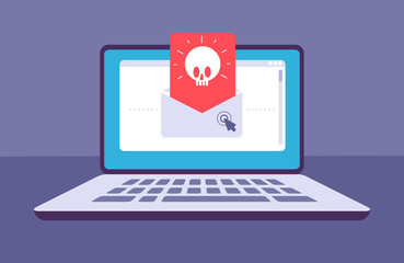 Email virus. Envelope with malware message with skull on laptop screen. E-mail spam, phishing scam and hacker attack vector concept. Spam threat on laptop, virus online malware illustration