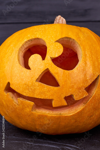 Funny Halloween Pumpkin Head Jack O Lantern With Smiling Face On Dark Background Happy Haloween Concept Stock Photo Adobe Stock