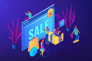 Wall Mural - Browser window with sale and buyers with gadgets shopping online. Online sales pro, online coupon and special offer, cash back and discount concept. Ultraviolet neon vector isometric 3D illustration.