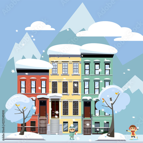 Flat Cartoon Style Vector Illustration Of An Winter City Street With Mountains Three Four Story Houses Snow Covered Trees And Flying Snowflakes Day Street Cityscape With Playing Children Buy This Stock Vector And Explore