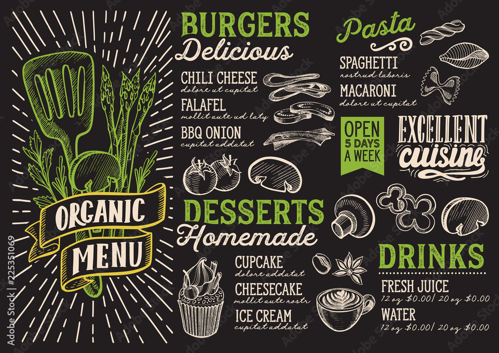 Vegan menu food template for restaurant with doodle hand-drawn graphic ...
