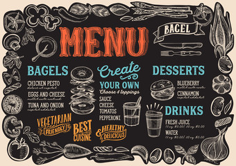 Bagel and sandwich menu for restaurant with frame of graphic vegetables.