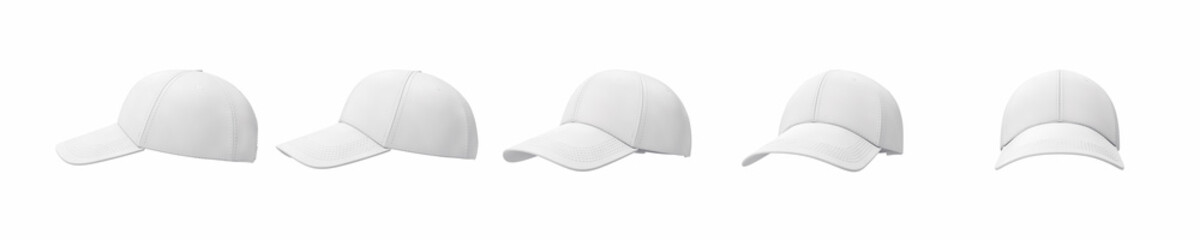 3d rendering of five white baseball caps shown in one line from side to front view on a white background.