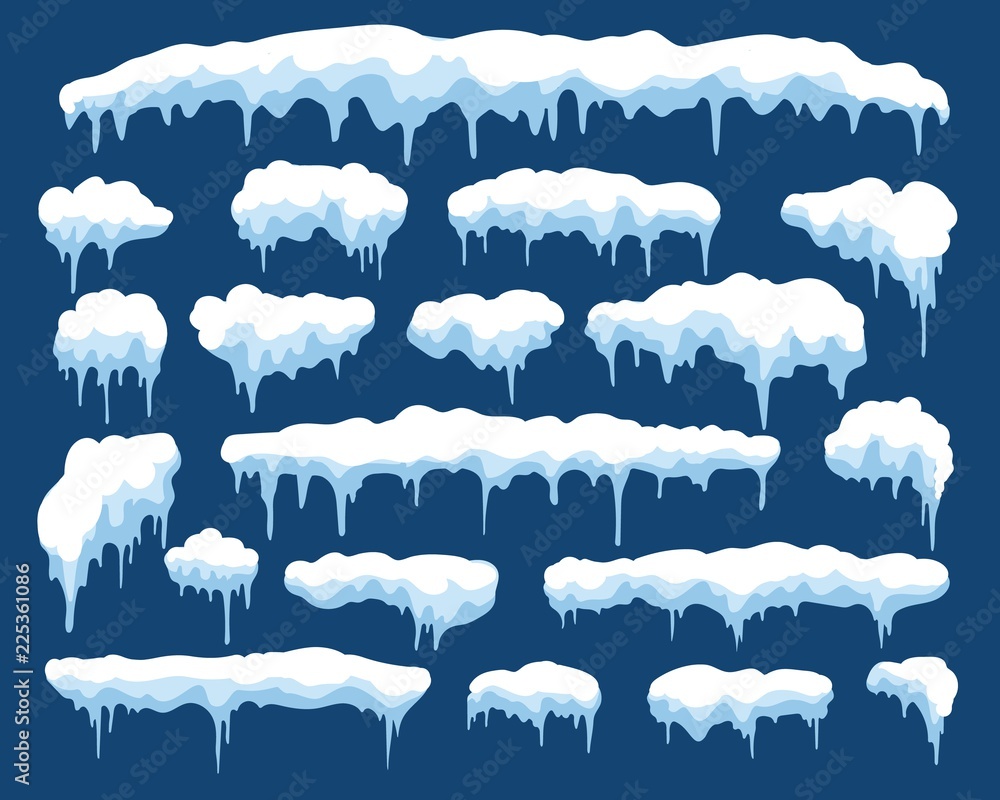 Icicles. Winter snowy icicle set isolated on blue, cartoon ice snowcap or snowed cap for xmas decor vector illustration - obrazy, fototapety, plakaty 