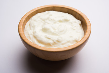 Plain curd or yogurt or Dahi in Hindi, served in a bowl over moody background. Selective focus