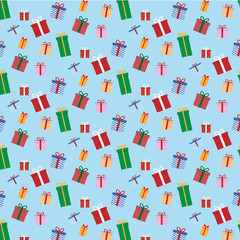 Poster - Merry Christmas and Happy New Year Collection of seamless patterns with colorful gift box on blue colors background. Vector illustration.