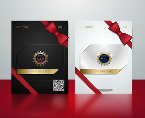 Vector black and white plastic vip card presentation golden frame. Membership or discount card. Luxury club ticket silver coupon. Vip jewel card on glossy background. Gift card voucher red bow ribbon.