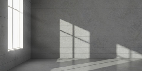 Fototapete - Abstract of minimal architecture space with the sun light cast shadow on the  wall, 3D rendering.	
