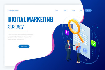 Wall Mural - isometric digital marketing strategy concept. online business, internet marketing idea, office and f