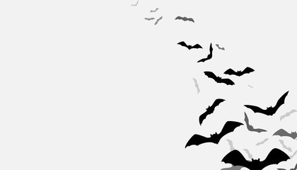 Wall Mural - Halloween flying bats background. Creepy silhouette flittermouse group isolated on white. Vector illustration.
