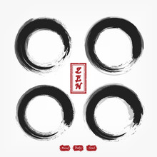 Enso Zen Circle Compilation Set . Sumi E Design . Black And Gray Overlap Color . Red Stamp With Zen Alphabet . Gray Gradient Background . Vector Illustration