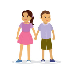 Wall Mural - Cute Boy and girl stand holding hands,kids characters