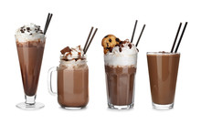 Set With Delicious Chocolate Milk Shakes On White Background