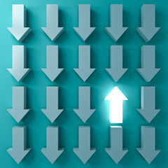 Fototapete - Stand out from the crowd and Think different concepts One light up arrow glowing  among other down arrows on dark green pastel color background with shadows 3D rendering