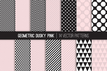 Wall Mural - Geometric Vector Patterns in Dusky Pink and Black and White. Chevron, Polka Dots, Stripes, Triangles and Herringbone Prints. Vector Pattern Tile Swatches Included.