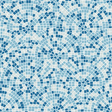Bright Abstract Mosaic Seamless Pattern. Vector Background. For Design And Decorate Backdrop. Endless Texture. Ceramic Tile Fragments. Colorful Broken Tiles Trencadis. Blue Colors Art