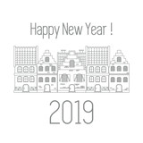 Fototapeta Miasto - Happy New Year 2019 card. Vector houses.