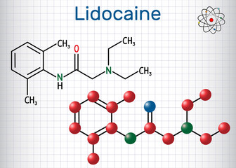 Wall Mural - Lidocaine (xylocaine, lignocaine) molecule. It is local anesthetic. Sheet of paper in a cage. Structural chemical formula and molecule model