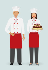 Wall Mural - Restaurant team concept. Couple of waiter and waitress with cake on dish and in uniform stand together.