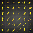 Yellow Lightning vector set isolated on black background. Simple icon storm or thunder and lightning strike.