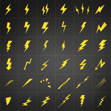 Yellow Lightning Vector Set Isolated On Black Background. Simple Icon Storm Or Thunder And Lightning Strike.
