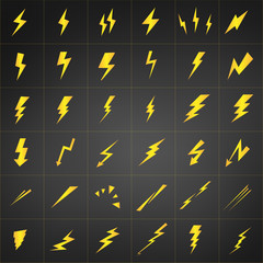 Yellow Lightning vector set isolated on black background. Simple icon storm or thunder and lightning strike.