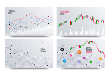 Financial Chart with Line Graph. Cryptocurrency stock exchange market. Statistics uptrend. Analytics data financial report. Blockchain ico collapse. Global cryptocurrency network chart. Vector