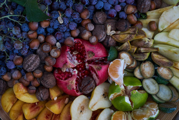 Wall Mural - Fresh fruits colorful background, close-up. Healthy Food background concept . Top view. Copy space