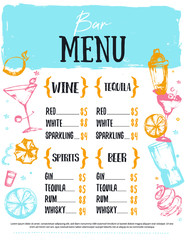 Alcohol drink bar menu with sketch glasses, drinks. Colorful grunge drawing style. Template design on white background