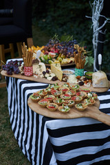 Holiday party outdoors picnic with food table, fresh fruits and various snacks, top view. 