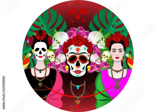 Photo Mexican skull, mexican woman with a traditional hairstyle