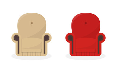 Vector set of beige and red vintage chairs isolated on white. House interior element design. Retro chair. EPS 10