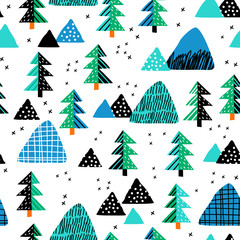  Seamless pattern with a mountain landscape and forest. Perfect for cards, invitations, wallpaper, banners, kindergarten, baby shower, children room decoration. Scandinavian landscape.