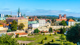 Aerial view of Litomerice from cathedral bell tower on sunny summer day, Czech Republic.