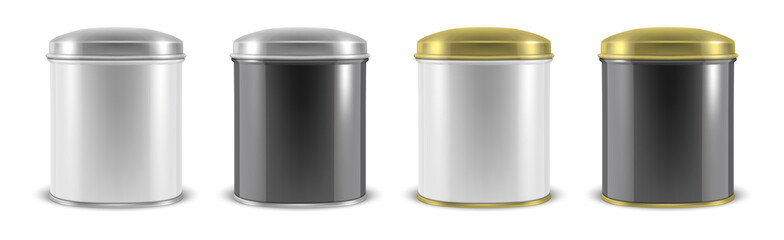 Vector realistic 3d white blank metal aluminium tin can containers with silver and gold cap different color - white and black - icon set closeup isolated on white background. Design template for