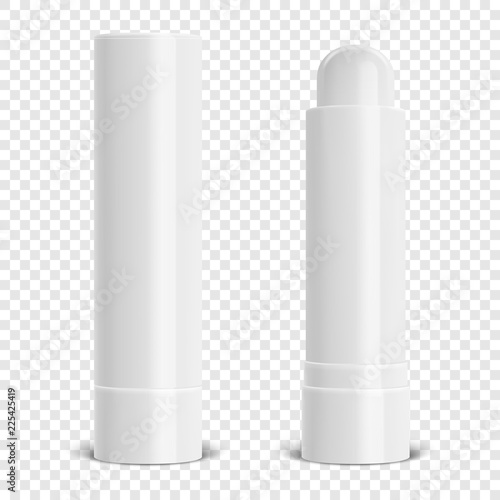 Download Vector Realistic 3d White Blank Glossy Closed And Opened Lip Balm Stick Or Hygienic Lipstick Set Closeup Isolated On Transparency Grid Background Design Template For Graphics Vector Mockup Cosmetic Stock Vector