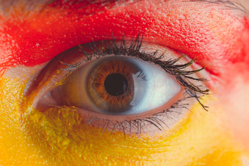 Close-up of Karego eyes of a beautiful young woman. brown eyes very close. Human eye, macro photography