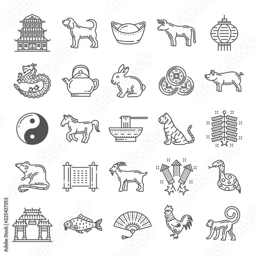 Foto Chinese culture line art icons with zodiac animals