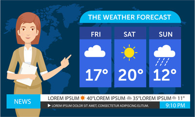 young female weather reporter are work on the television