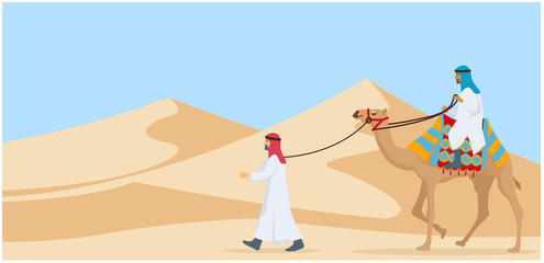 Two guy riding and walking their camel trough desert