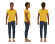 Vector illustration of three black men in casual clothes under the white background. Cartoon realistic people illustartion. Flat young man. Front view man, Side view man, Back side view man