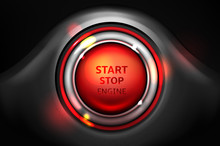 Start And Stop Car Engine Ignition Button Vector Illustration. Realistic Round Red Control In Chrome Metallic Frame With LED Illumination On Vehicle Dashboard