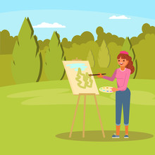 Woman Painting Green Park Vector Flat Illustration
