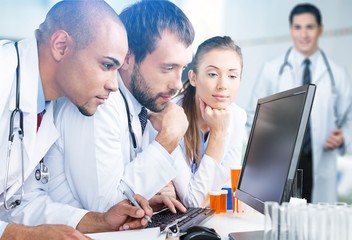 Sticker - Female and male scientists in glasses working